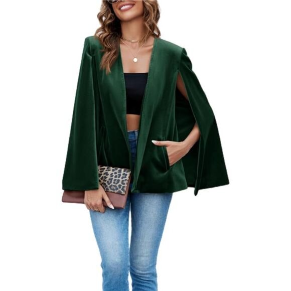 Women's Velvet Cape Blazer Jackets Casual Split Long Sleeve Open